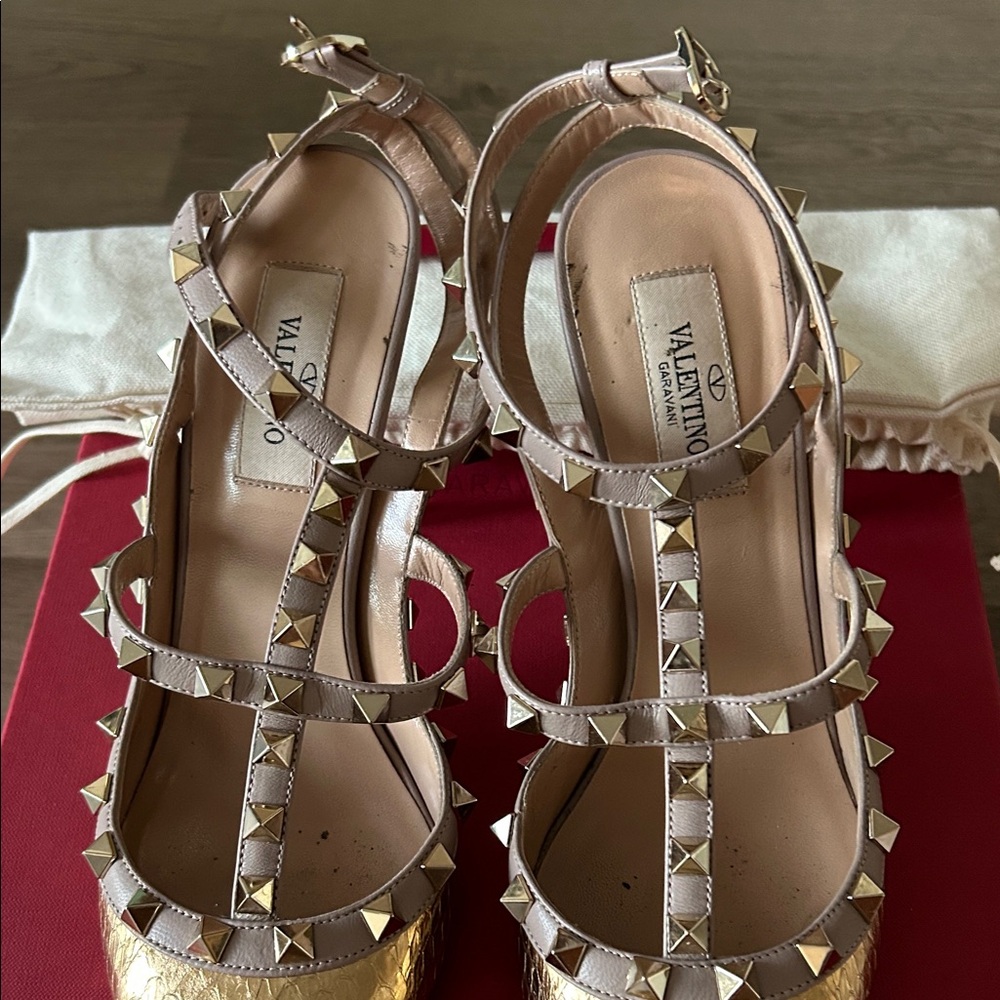 Valentino Gold and Beige Studded Heels - Picture 3 of 9